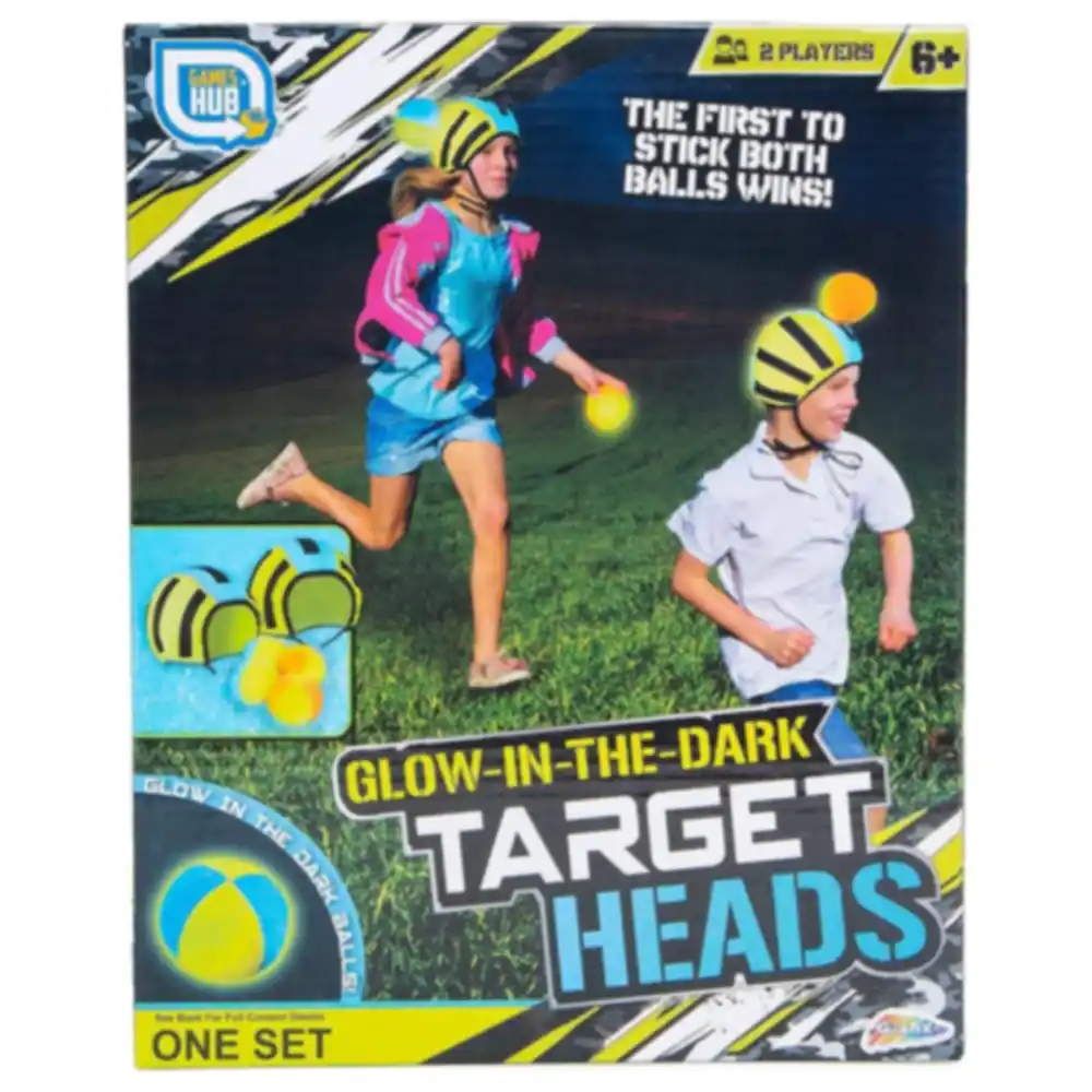 Games Hub Glow in the Dark Target Heads Outdoor Game for 2 Players with 2 Sticky Hats and 4 Fuzzy Target Balls, Kids Size, Ages 6 and Up, Yellow