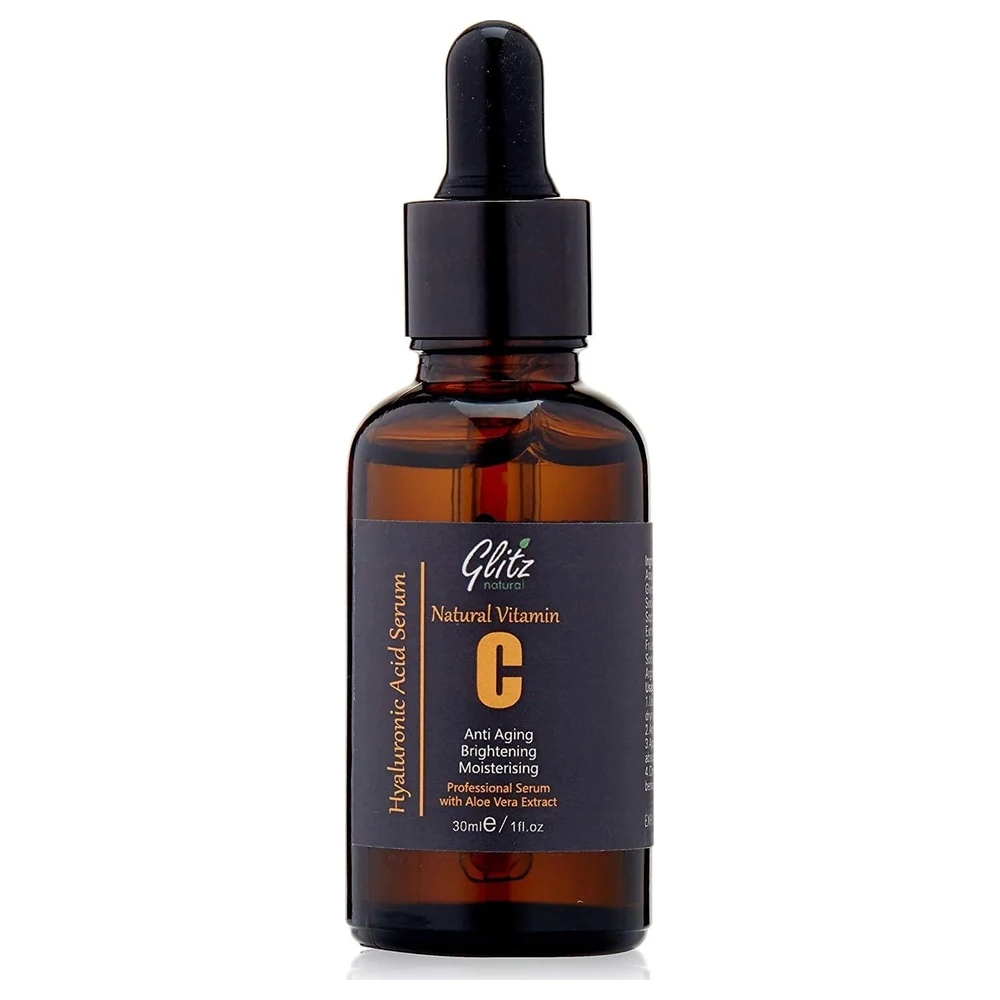 Glitz Natural Hyaluronic Acid Vitamin C Face Serum with Aloe Vera Extract, Anti Aging, Brightening and Moisturising Dropper Serum, 30 ml