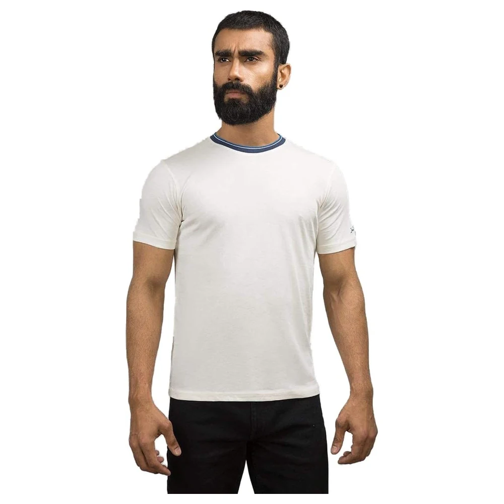 Ideas Men's Round Neck Half Sleeve Cotton T-Shirt with Contrast Collar Trim, Lightweight Regular Fit Casual Tee, White, Medium