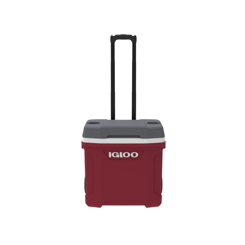 Igloo Latitude 30 Quart Roller Cooler, Thermecool Insulation, Wheels and Locking Telescoping Handle, Cool Riser, Cup Holders, Industrial Red and Meteorite - 00034660