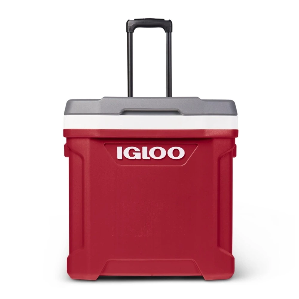 Igloo Latitude 60 Quart Roller Cooler, THERMECOOL Insulation, Cool Riser Technology, Wheels and Bail Handle, 4 Cup Holders, Red and White - 00035006