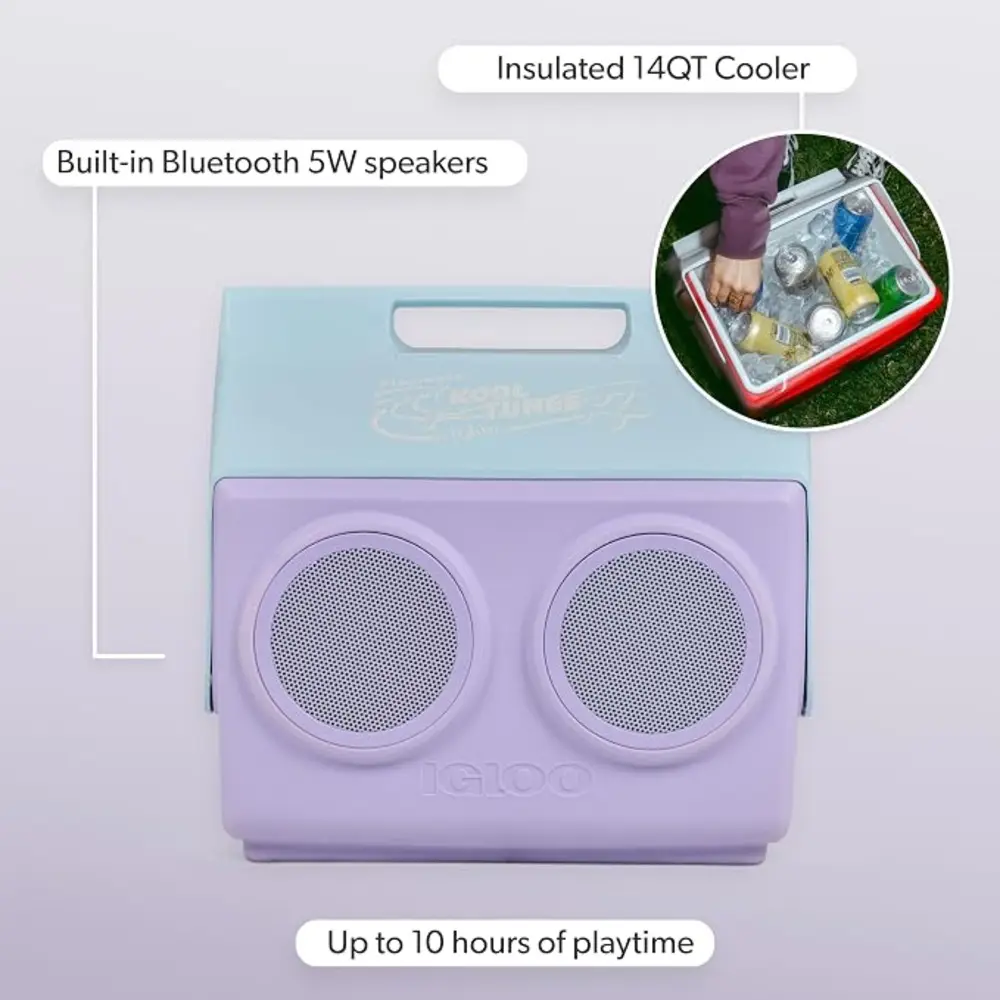 Igloo Playmate Classic KoolTunes Cooler with Bluetooth Speakers, 14 Quart Retro Boombox Cooler, IP56, Up to 10 Hours Play, Lilac - 00027777 - Image 10