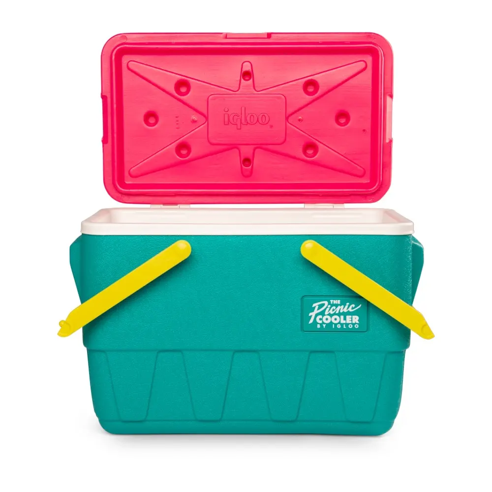 Igloo Retro 25 Quart Picnic Basket Cooler, Classic 90s Design, Impact-Resistant Hinges, One-Hand Carry, Beach and Park, Dark Jade and Magenta and Yellow - 00048537 - Image 3