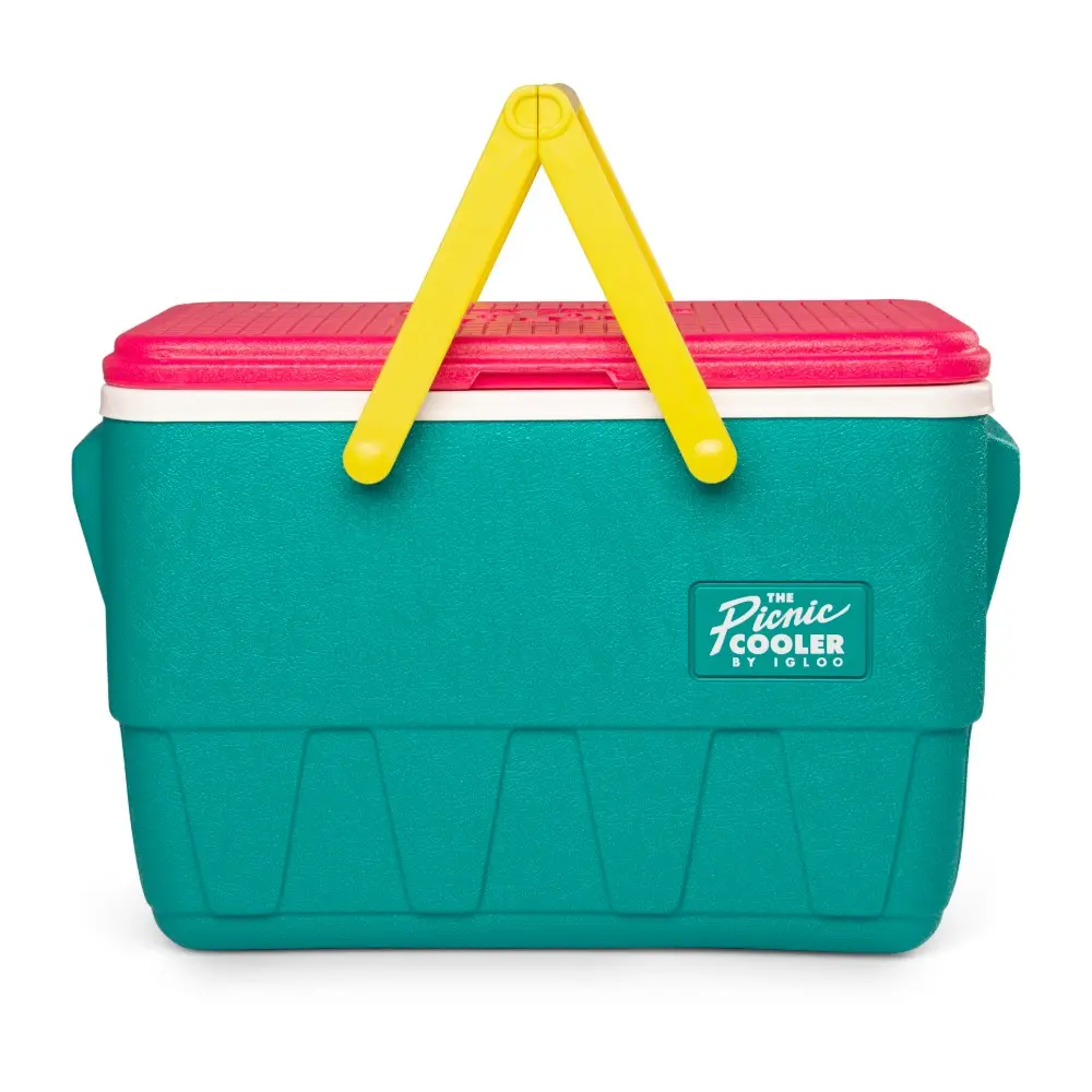Igloo Retro 25 Quart Picnic Basket Cooler, Classic 90s Design, Impact-Resistant Hinges, One-Hand Carry, Beach and Park, Dark Jade and Magenta and Yellow - 00048537 - Image 4
