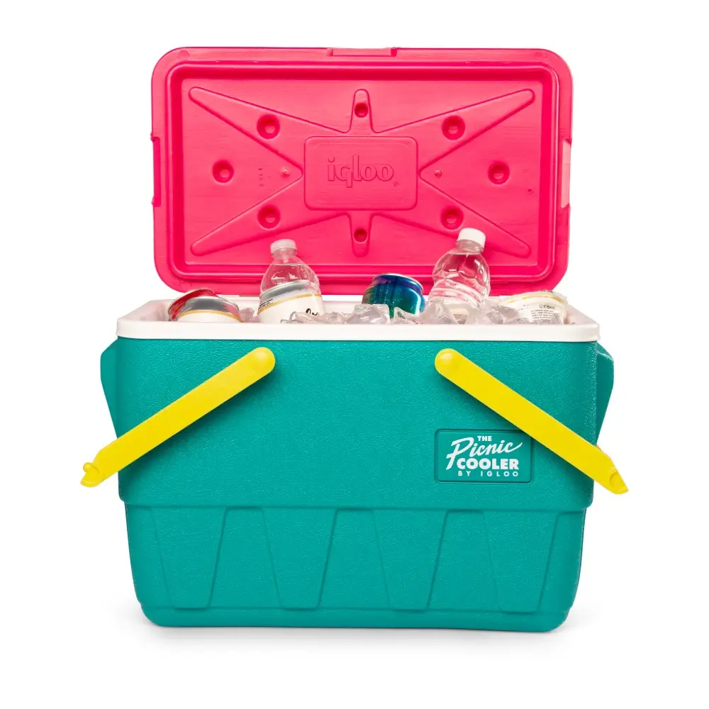 Igloo Retro 25 Quart Picnic Basket Cooler, Classic 90s Design, Impact-Resistant Hinges, One-Hand Carry, Beach and Park, Dark Jade and Magenta and Yellow - 00048537 - Image 5