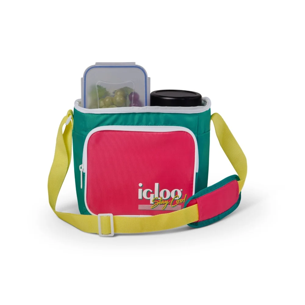 Igloo Retro Square Lunch Cooler Bag, Insulated Softside Lunch Bag, Shoulder Strap, Front Zip Pocket, Leak-Resistant Liner, Dark Jade and Magenta and Yellow - 00065479 - Image 3