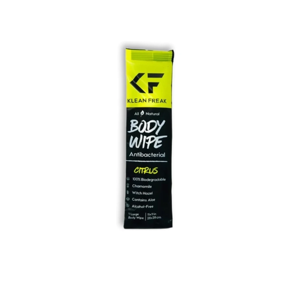 Klean Freak Body Wipe Single Sachet, Large 28 x 28 cm Shower Wipe, Alcohol Free, Aloe and Witch Hazel, Biodegradable, Citrus - SSCT01