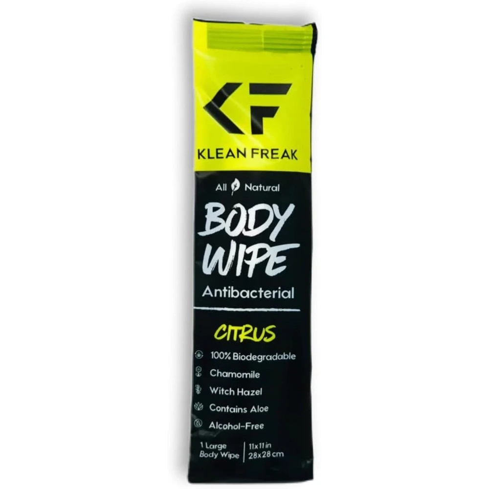 Klean Freak Body Wipe Single Sachet, Large 28 x 28 cm Shower Wipe, Alcohol Free, Aloe and Witch Hazel, Biodegradable, Lemongrass and Citronella - SSLG01