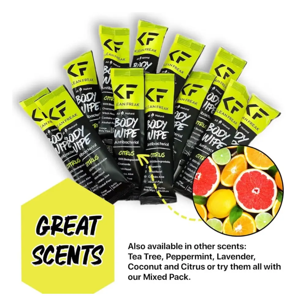 Klean Freak Body Wipe Single Sachet, Large 28 x 28 cm Shower Wipe, Alcohol Free, Aloe and Witch Hazel, Biodegradable, Lemongrass and Citronella - SSLG01 - Image 2