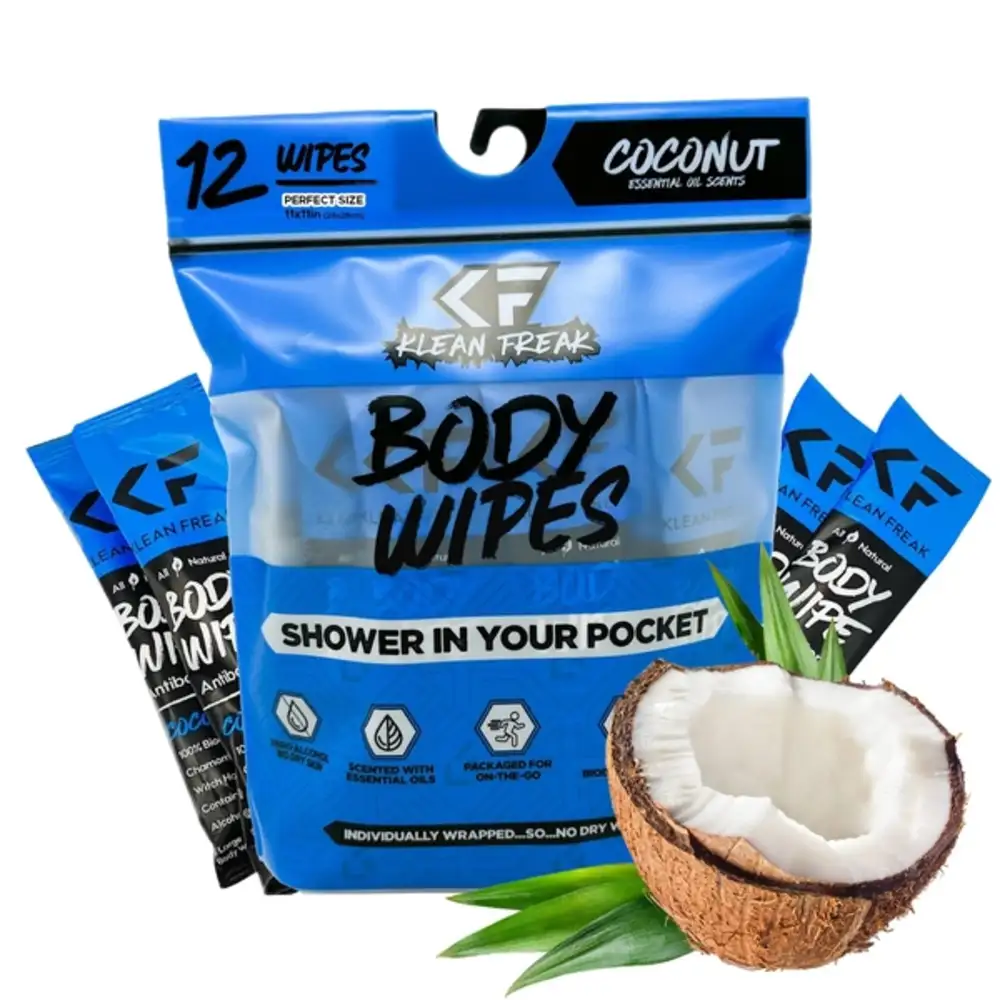Klean Freak Body Wipes Dozen Pack, 12 Large 12 x 12 inch Shower Wipes, Alcohol Free, Aloe and Witch Hazel, Biodegradable, Coconut - DZCN12