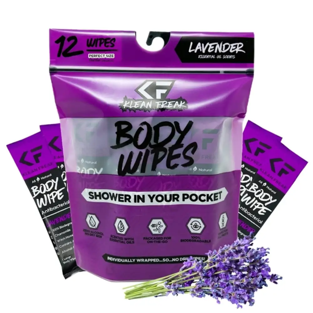 Klean Freak Body Wipes Dozen Pack, 12 Large 12 x 12 inch Shower Wipes, Alcohol Free, Aloe and Witch Hazel, Biodegradable, Lavender - DZLV12