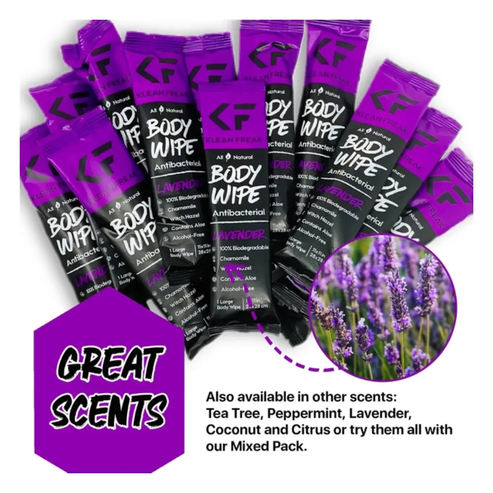 Klean Freak Body Wipes Dozen Pack, 12 Large 12 x 12 inch Shower Wipes, Alcohol Free, Aloe and Witch Hazel, Biodegradable, Lavender - DZLV12 - Image 2