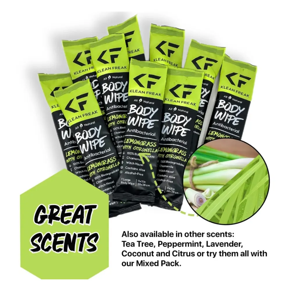 Klean Freak Body Wipes Dozen Pack, 12 Large 12 x 12 inch Shower Wipes, Alcohol Free, Aloe and Witch Hazel, Biodegradable, Lemongrass and Citronella - DZLG12 - Image 2
