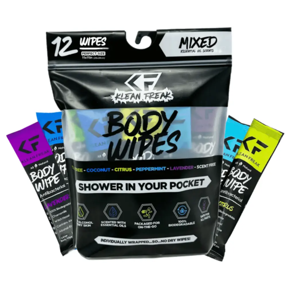 Klean Freak Body Wipes Dozen Pack, 12 Large 12 x 12 inch Shower Wipes, Alcohol Free, Aloe and Witch Hazel, Biodegradable, Mixed Scents - DZMX12