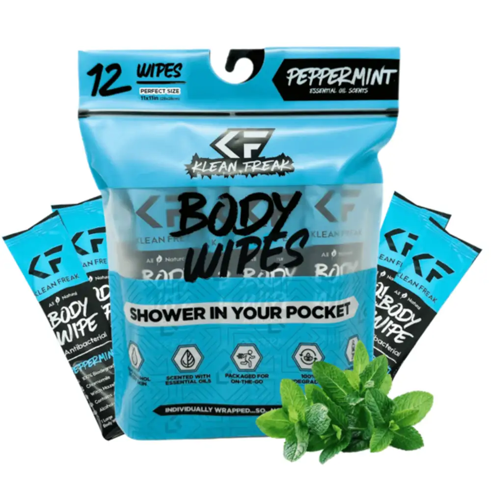 Klean Freak Body Wipes Dozen Pack, 12 Large 12 x 12 inch Shower Wipes, Alcohol Free, Aloe and Witch Hazel, Biodegradable, Peppermint - DZPP12