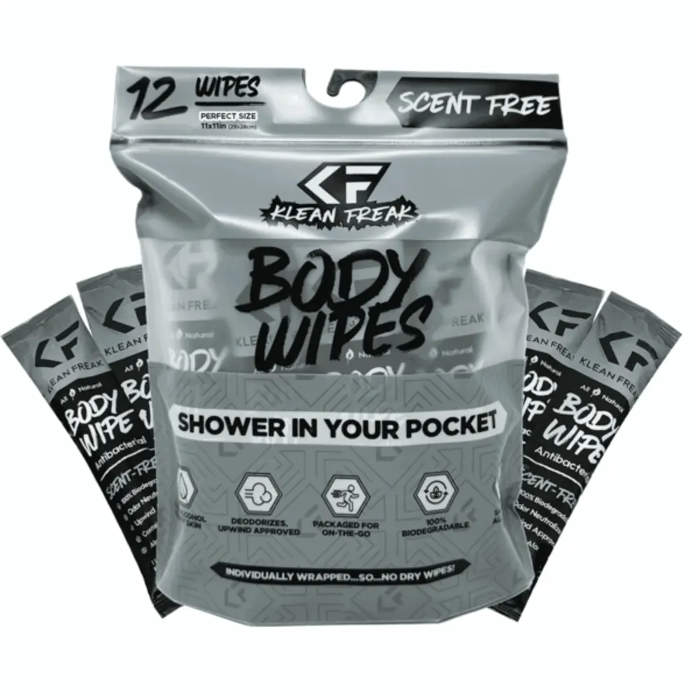 Klean Freak Body Wipes Dozen Pack, 12 Large 12 x 12 inch Shower Wipes, Alcohol Free, Aloe and Witch Hazel, Biodegradable, Scent Free - DZSF12