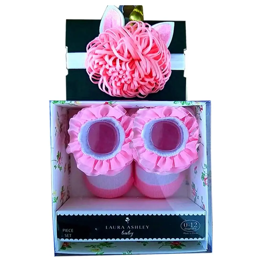 Laura Ashley Baby Unicorn Headband and Ruffle Cuff Socks Gift Set, 0-12 Months, Pink, in Floral Window Gift Box
