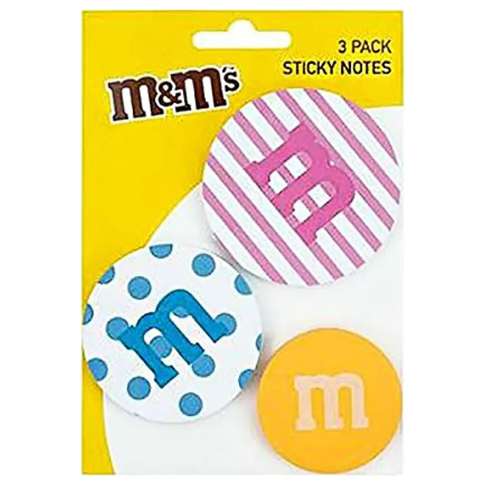M&M's Sticky Notes 3 Pack, Round Repositionable Note Pads in 3 Sizes with Striped, Dotted and Solid M Designs, Multicolour