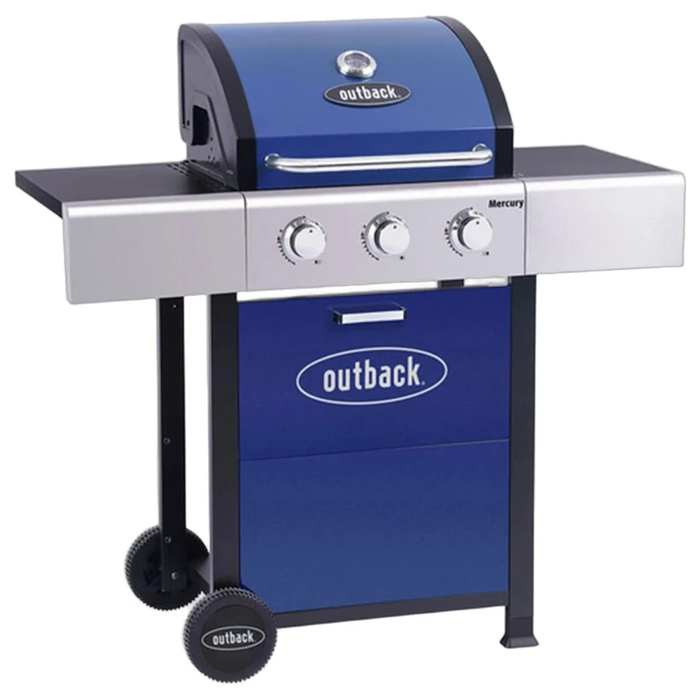 Outback Mercury 3 Burner Gas BBQ with Blue Porcelain Enamel Hood, Warming Rack, Temperature Gauge, Side Tables & Pull-Out Drawer - OUT371168