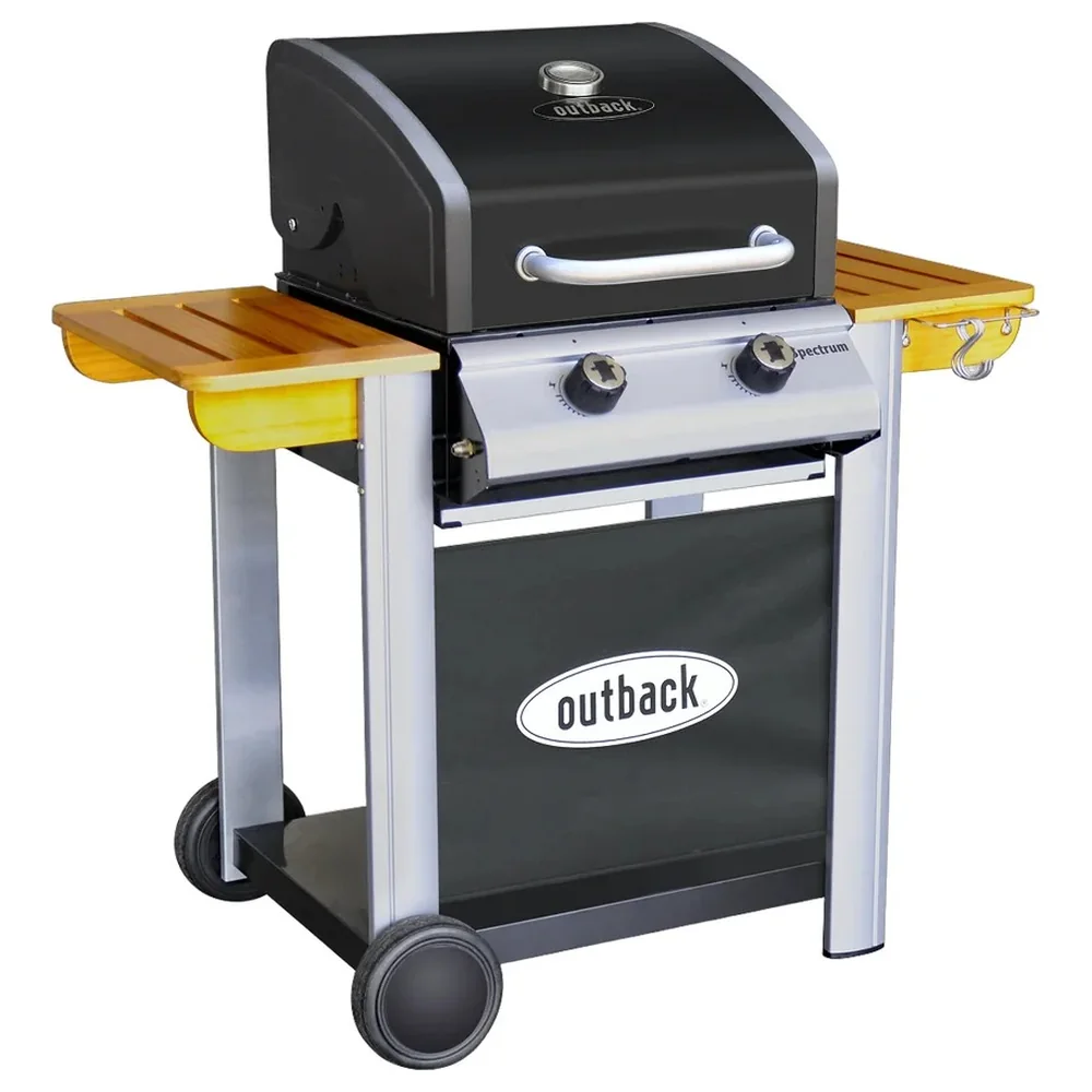 Outback Spectrum 2 Burner Hooded Gas BBQ with Heat Indicator, Twin Stainless Steel Burners, Replica Wood Side Tables & Flame Tamers - THG2302PH