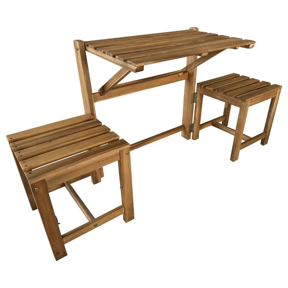 Paradiso Cannes Folding Wooden Balcony Set, Convertible Fold-Down Table and 2 Stools that Turn into a Bench - HHO21066