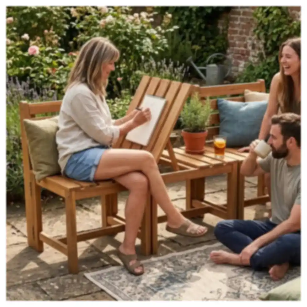 Paradiso Cannes Folding Wooden Balcony Set, Convertible Fold-Down Table and 2 Stools that Turn into a Bench - HHO21066 - Image 6