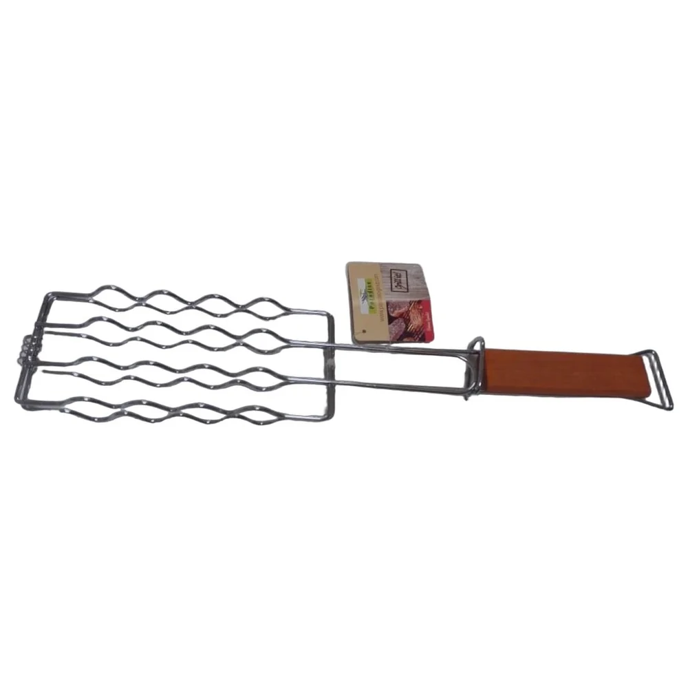 Paradiso Double Sausage Grill Grid, Hinged Wavy Wire Basket with Wooden Handle & Locking Ring for Sausages and Hot Dogs on Charcoal or Gas BBQs - 450213