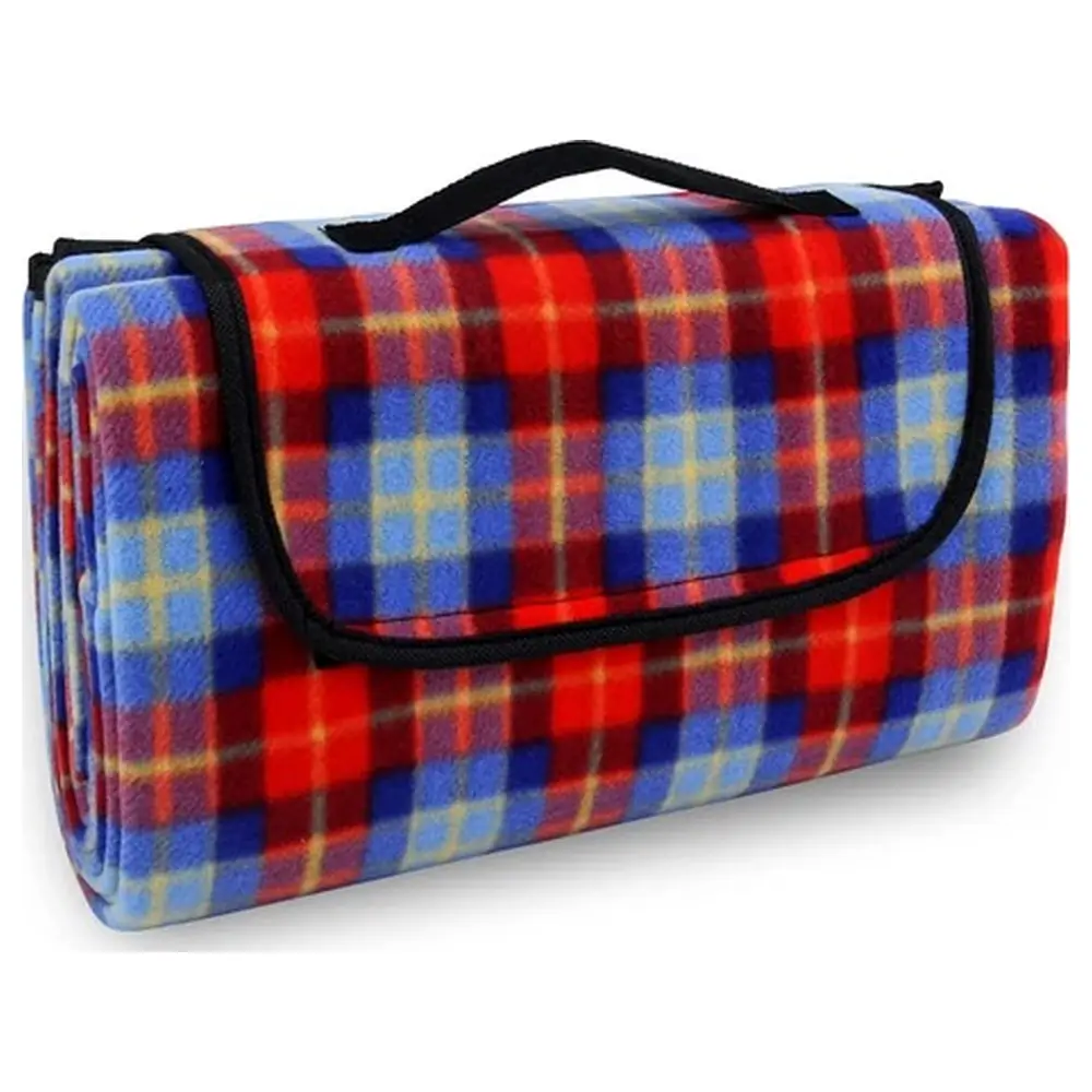 Paradiso Fleece Picnic Rug 150 x 130 cm, Red and Blue Tartan, Soft Roll-Up Blanket with Strap and Carry Handle for Picnics and Camping - TK-PR301FP - Image 2