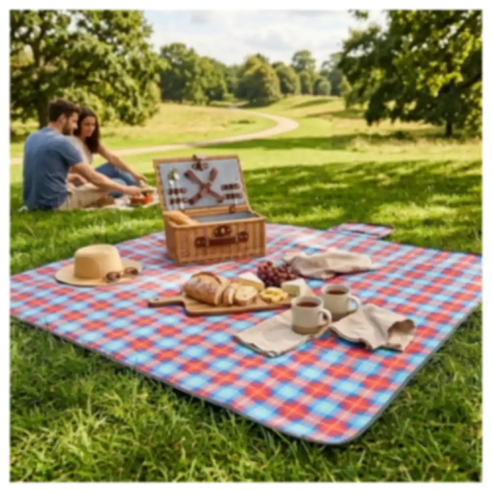 Paradiso Fleece Picnic Rug 150 x 130 cm, Red and Blue Tartan, Soft Roll-Up Blanket with Strap and Carry Handle for Picnics and Camping - TK-PR301FP - Image 4