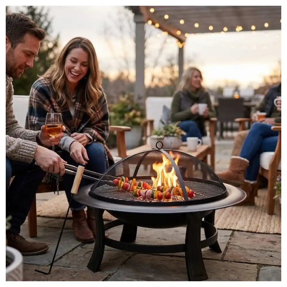 Paradiso Outdoor Firepit BBQ 74 cm, 2-in-1 Fire Pit and Charcoal Grill with Mesh Spark Screen, Cooking Grill & Poker for Wood or Charcoal - LF90MS - Image 2