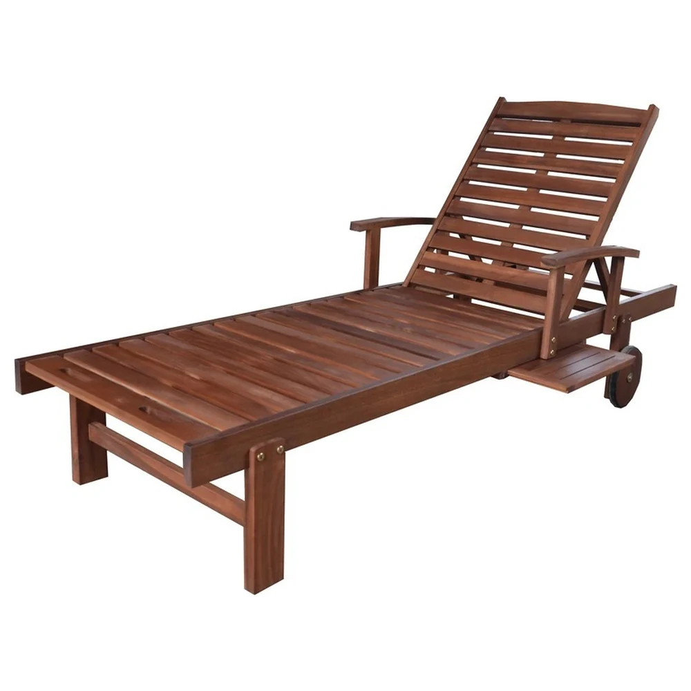 Paradiso Phuket Wooden Sunlounger with Adjustable Backrest, Armrests, Slide-Out Side Tray and Wheels for Garden, Pool and Terrace - TSFT