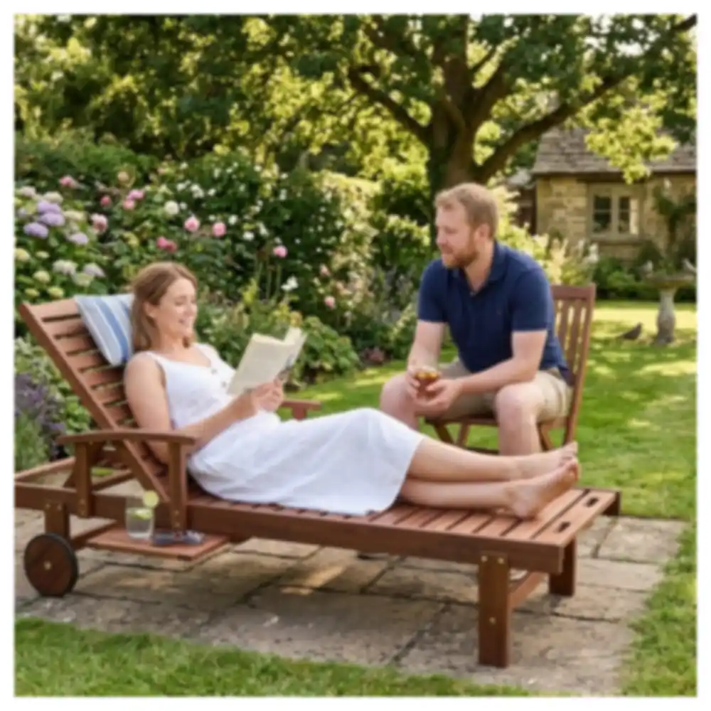 Paradiso Phuket Wooden Sunlounger with Adjustable Backrest, Armrests, Slide-Out Side Tray and Wheels for Garden, Pool and Terrace - TSFT - Image 2