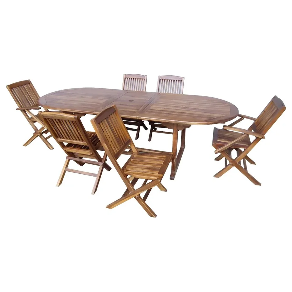 Paradiso Teak-Style Wooden Extendable Outdoor Dining Set for 6 with Oval Butterfly Leaf Table and 6 Folding Chairs - Nime - Image 2