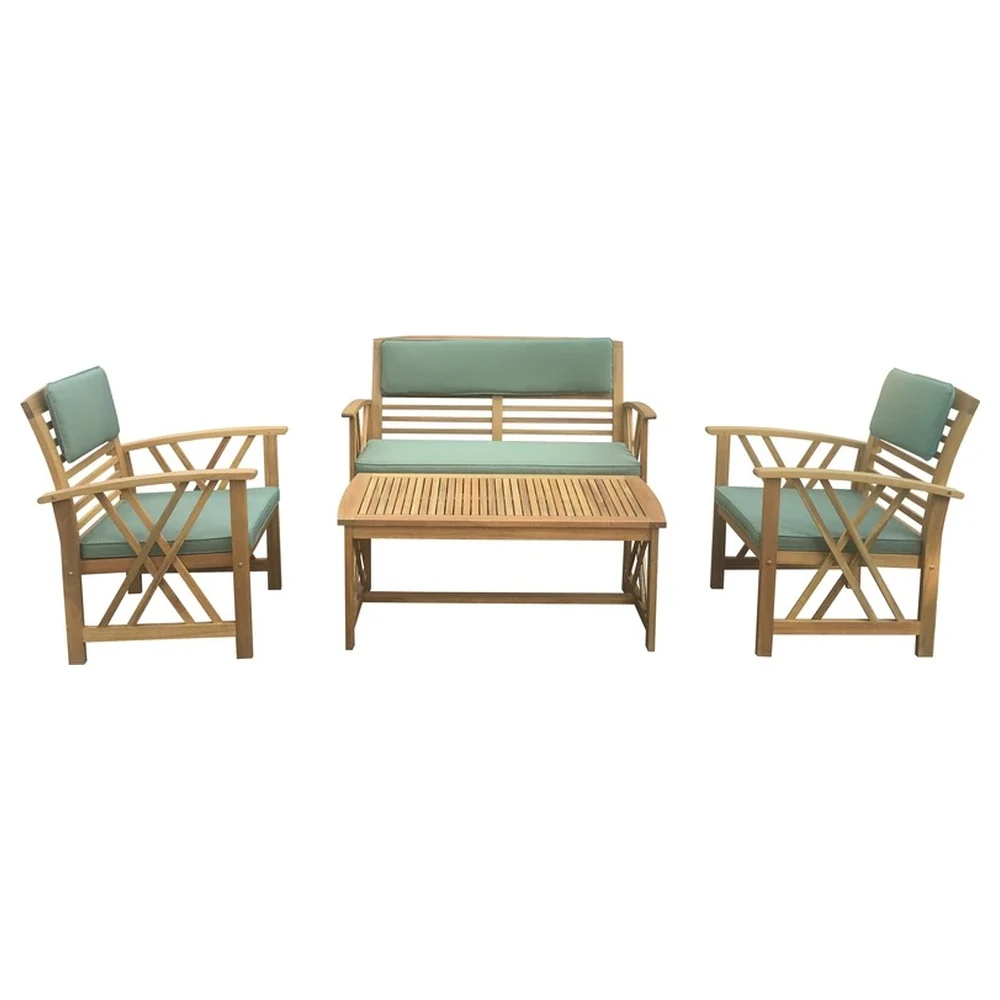 Paradiso Toulouse 4 Piece Wooden Outdoor Sofa Set with Two Armchairs, Two Seater Sofa, Coffee Table and Sage Green Cushions - Toulouse
