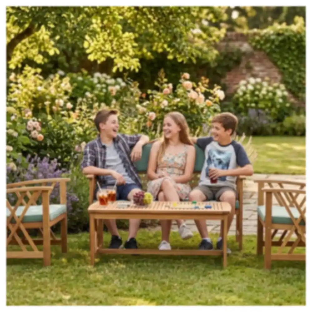 Paradiso Toulouse 4 Piece Wooden Outdoor Sofa Set with Two Armchairs, Two Seater Sofa, Coffee Table and Sage Green Cushions - Toulouse - Image 2
