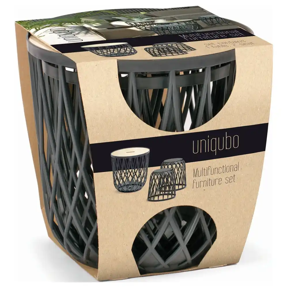Prosperplast Uniqubo Set 3 Multifunctional Furniture Set, Storage Basket Table with Wood-Effect Lid and 2 Seats, Anthracite - IKUBS3-S433 - Image 4