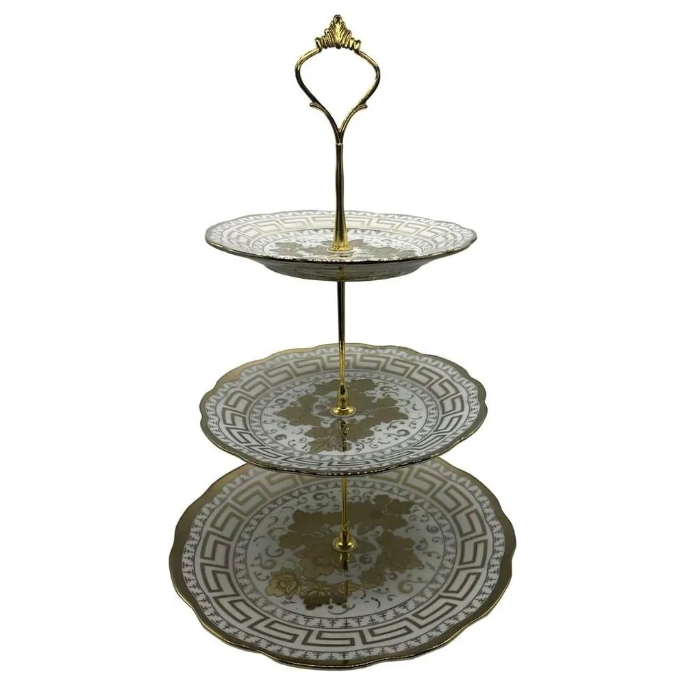 Three Tier Floral Cake Plate Stand Set of 3 Round Scalloped Plates with Gold Tone Centre Rod and Carry Handle for Cakes and Desserts