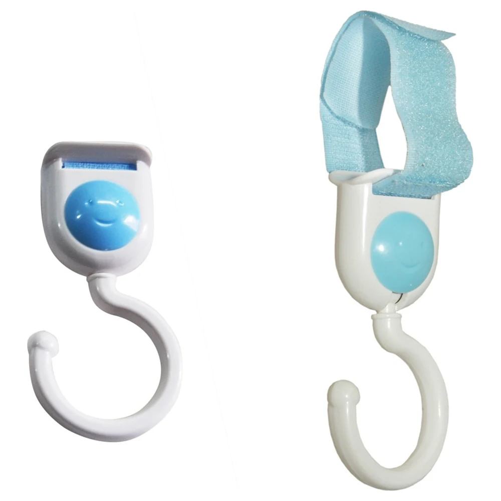 B-Safe Baby Stroller Hook with Hook-and-Loop Strap, Universal Fit for Stroller Handles, One-Hand Use, Blue and White, Pack of 2 - EH1282