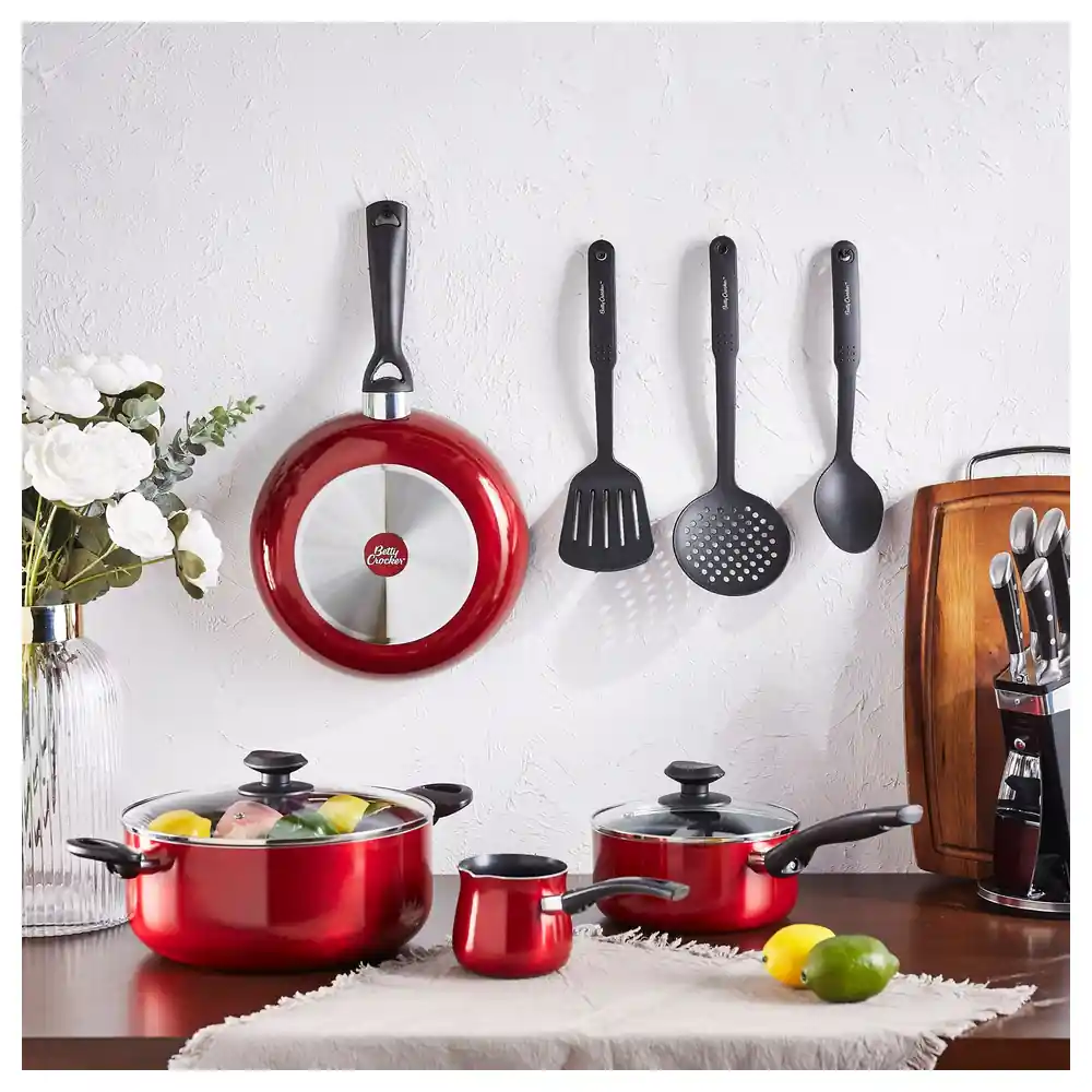 Betty Crocker 9 Piece Non-Stick Cookware Set in Red with Frying Pan, Saucepan, Casserole, Coffee Pot, 2 Glass Lids and 3 Nylon Tools - BC2026 - Image 8