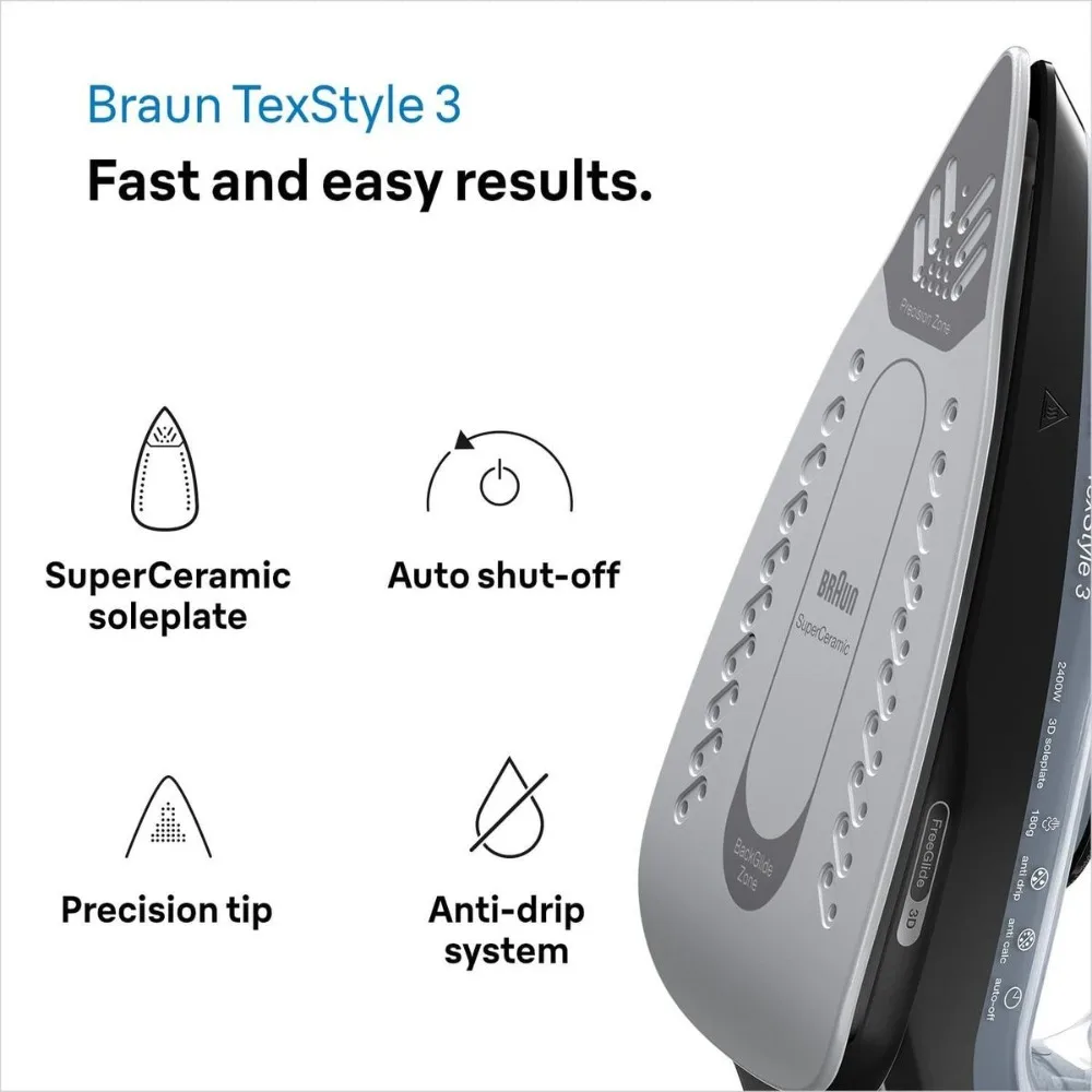 Braun Steam Iron, 2400-Watt Power, Steam Ironing Design for Everyday Garment Care, Household Appliance for Smoothing Clothes and Removing Wrinkles, Black Finish - SI3055BK - Image 2