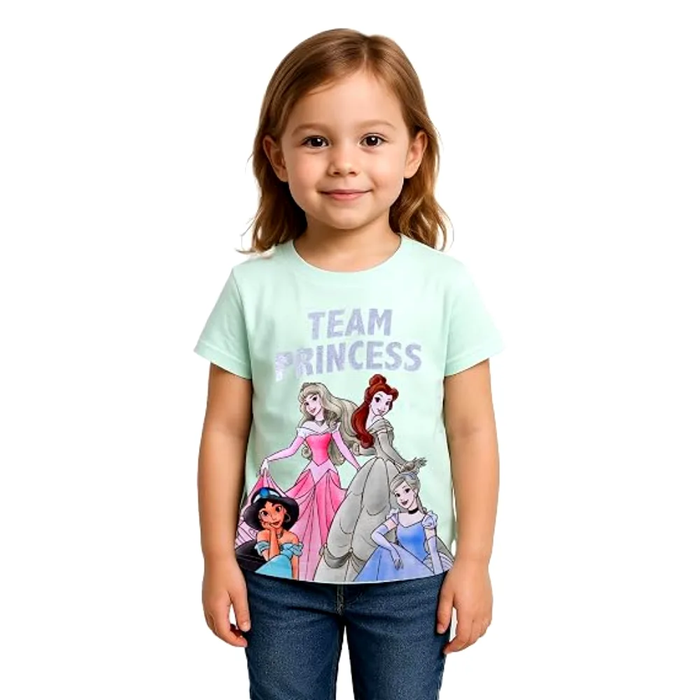 Disney Princess Girls T-Shirt, 100 Percent Cotton, Crew Neck Short Sleeve, Regular Fit, Casual Wear, 11-12 Years, Light Blue - TU22649-11-12Y
