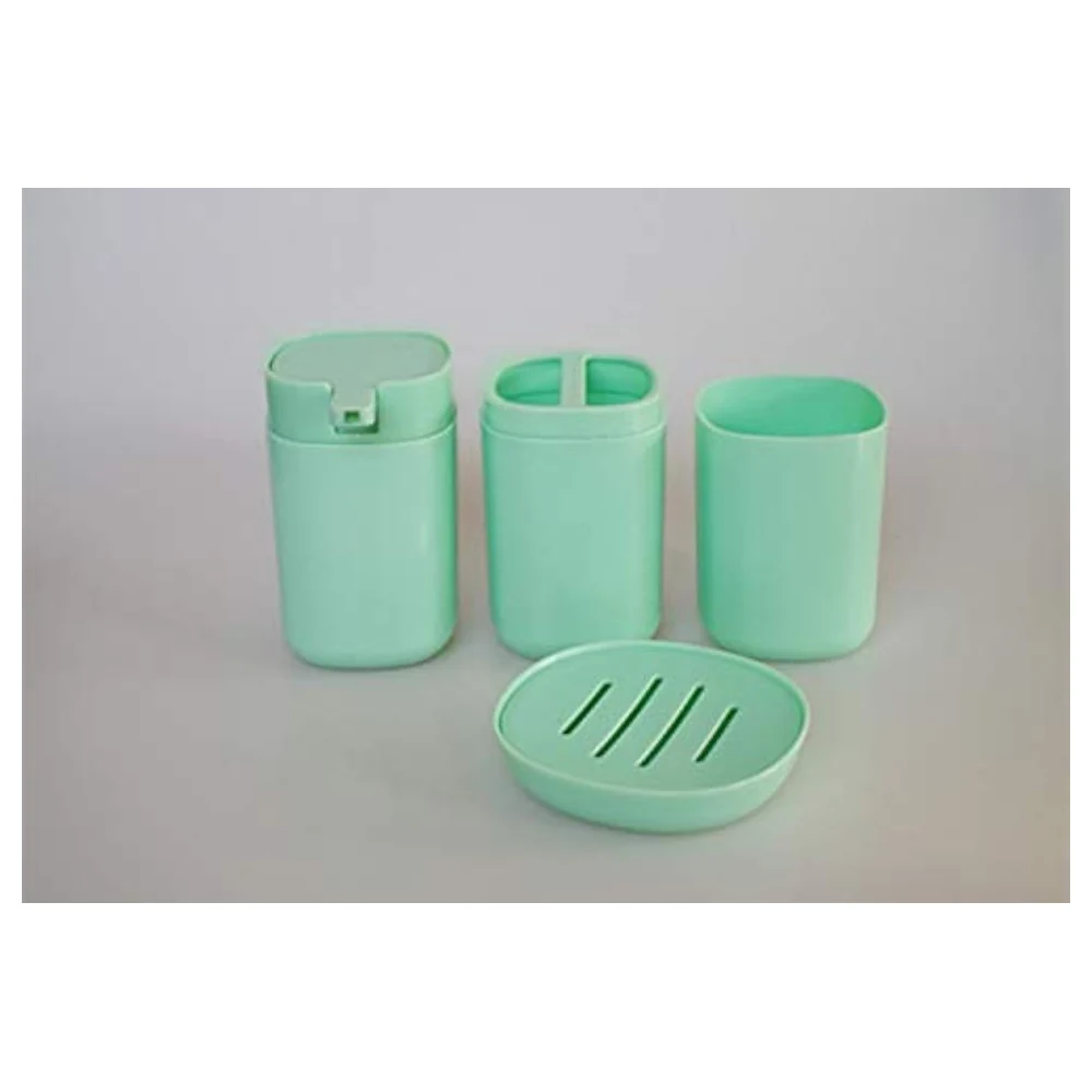 GulfDealz 4 Piece Bathroom Accessories Set with Pump Soap Dispenser, Toothbrush Holder, Tumbler and Slotted Soap Dish, Modern Plastic, Mint Green