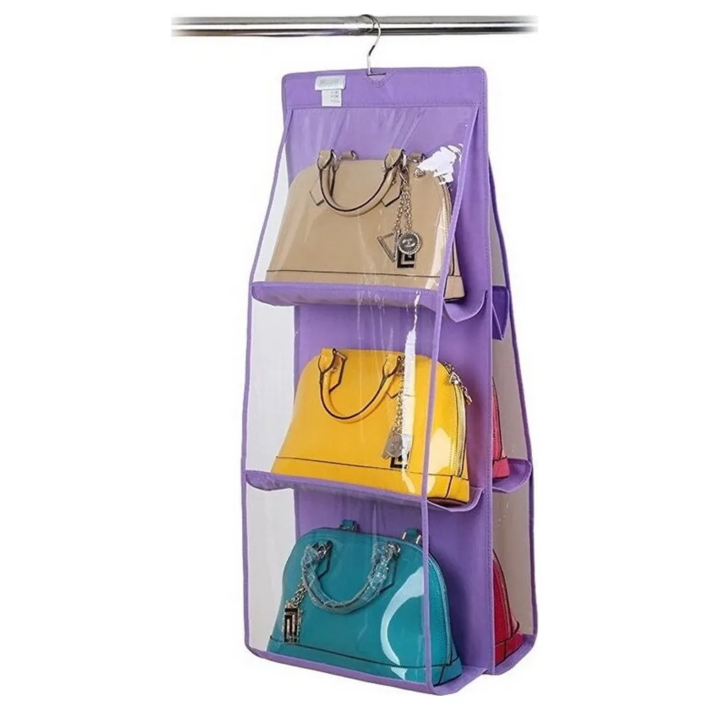 GulfDealz 6 Pocket Hanging Handbag Organiser with Clear PVC Windows, Double-Sided Foldable Closet Storage with Stainless Steel Hook, Purple