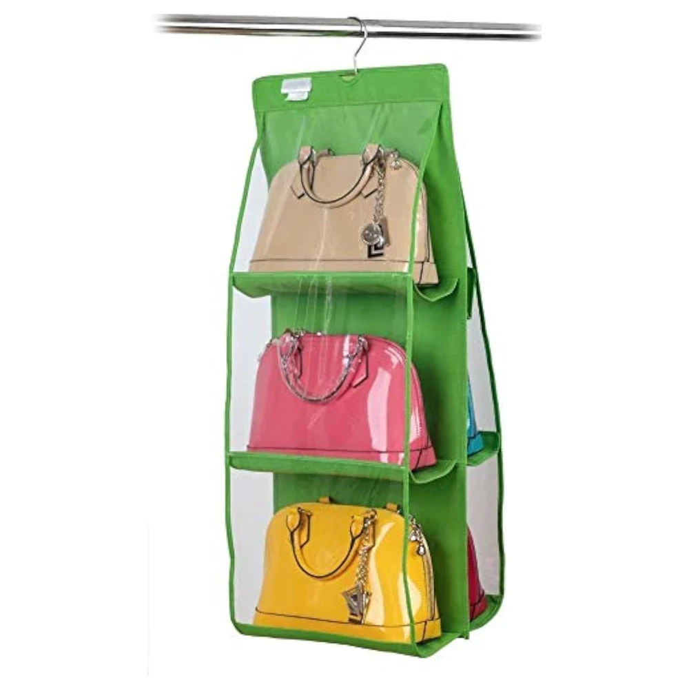 GulfDealz 6 Pocket Hanging Handbag Organizer with Clear PVC Windows, Foldable Non-Woven Closet Storage Bag with Stainless Steel Hook, Green