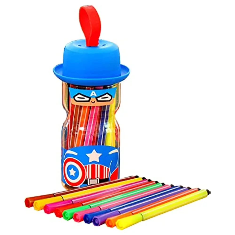 GulfDealz Captain America Fineliner Marker Pen Set, 12 Assorted Colours, Washable Fine Tip Colouring Pens in Hero Storage Bottle, Blue