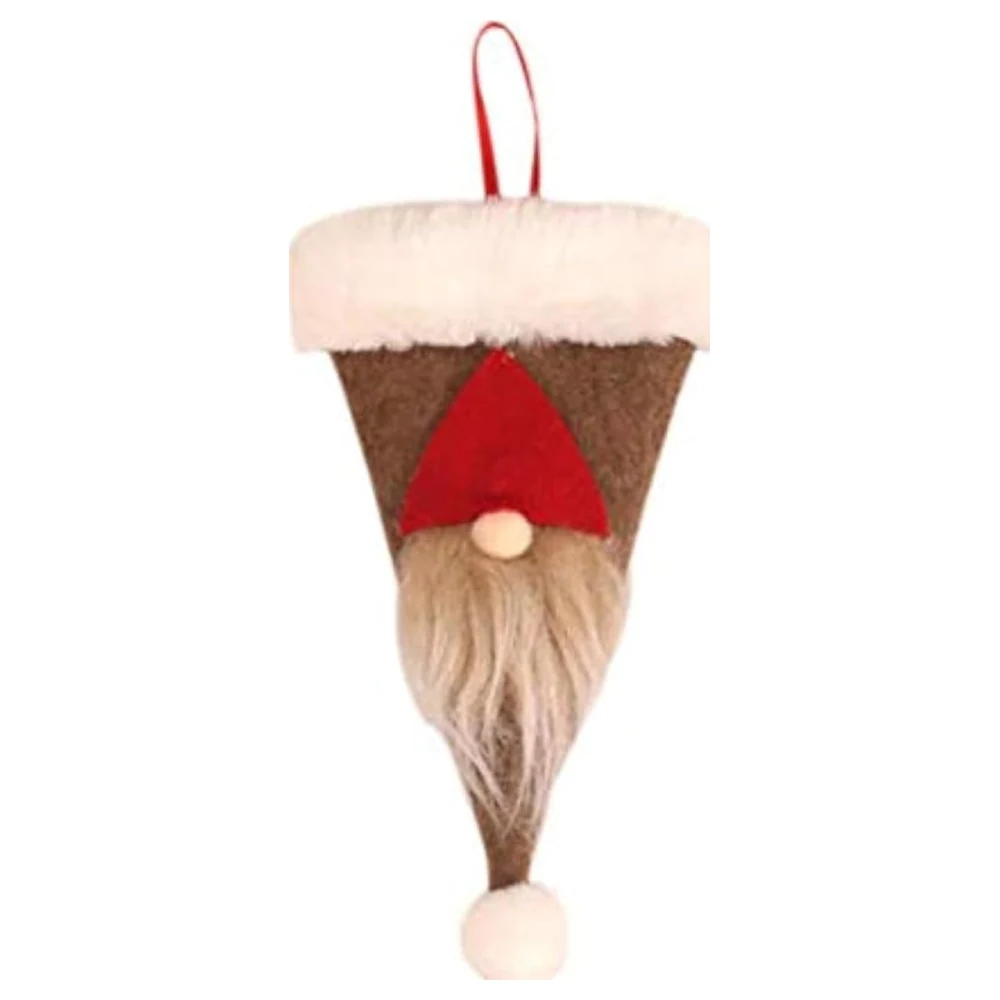 GulfDealz Christmas Gnome Hat Cutlery Holder with Faux Fur Brim and Hanging Loop, Swedish Santa Knife and Fork Pocket for Festive Table Decor, Brown