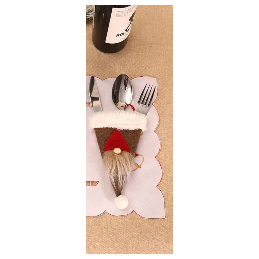 GulfDealz Christmas Gnome Hat Cutlery Holder with Faux Fur Brim and Hanging Loop, Swedish Santa Knife and Fork Pocket for Festive Table Decor, Brown - Image 3