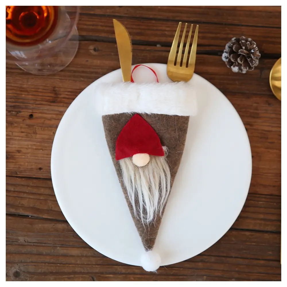 GulfDealz Christmas Gnome Hat Cutlery Holder with Faux Fur Brim and Hanging Loop, Swedish Santa Knife and Fork Pocket for Festive Table Decor, Brown - Image 5