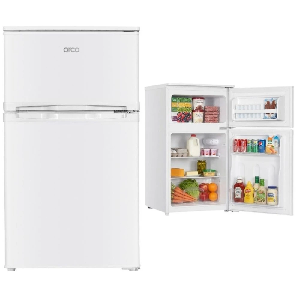 Orca Top-Mount Double-Door Refrigerator, 85-Litre Capacity, Compact Design, Separate Refrigerator and Freezer Compartments, White - OR-DF2-11-WHT