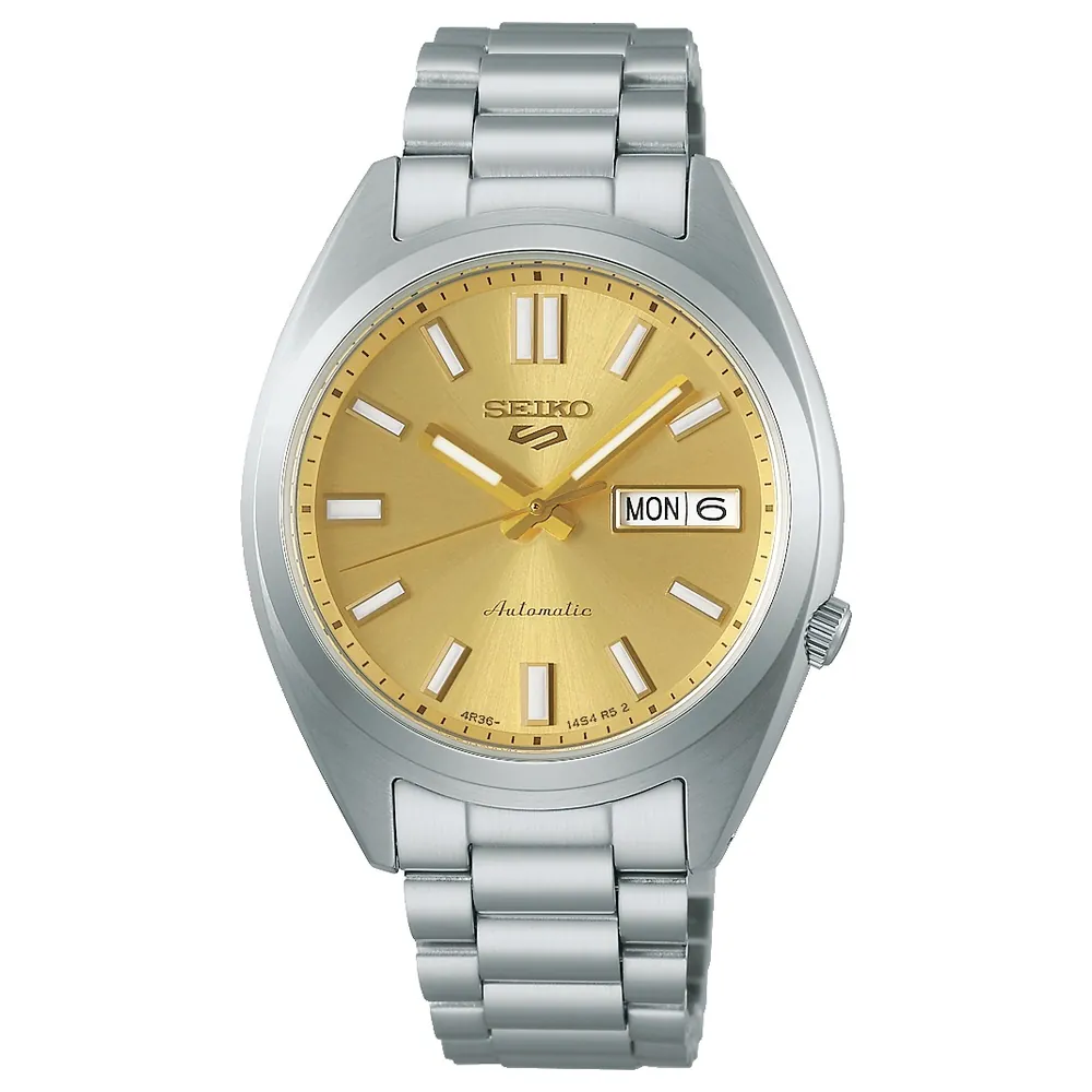 Seiko 5 Sports SNXS Gold Cufflinks Automatic Mens Watch, 37.4mm Gold Sunray Dial, Day-Date, See-Through Case Back, Steel Bracelet - SRPL59K1